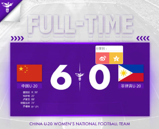 亚预赛中国U20女足6：0菲律宾